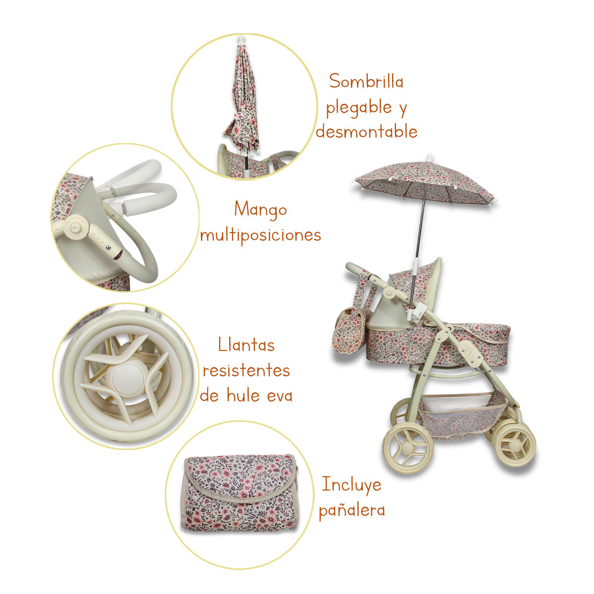 Carriolita De Muñeca, Bambineto Sombrilla Bolso. Noni IS-9662